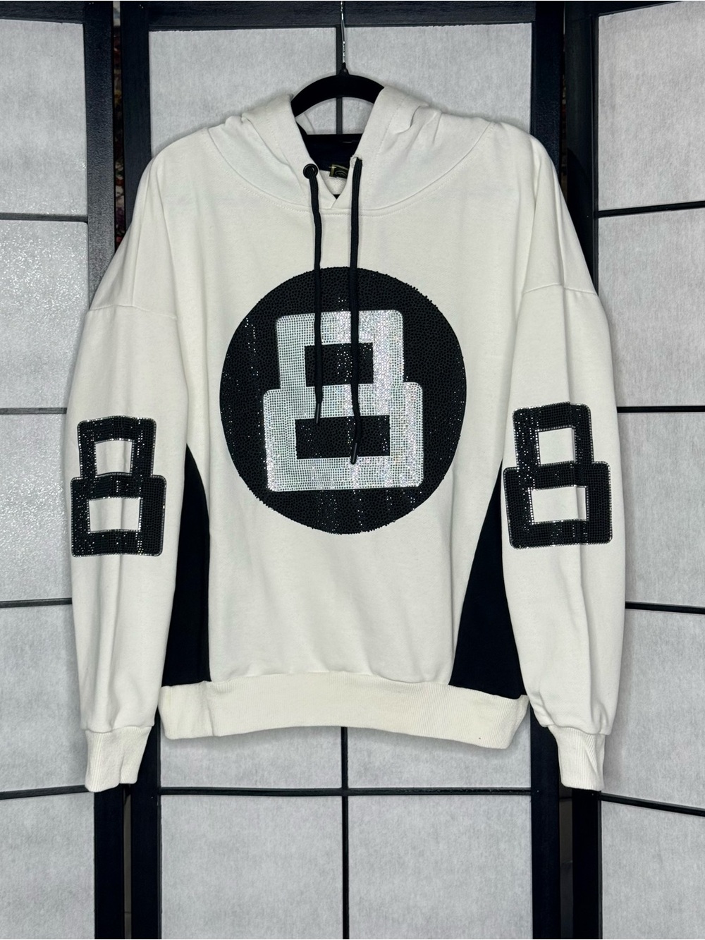 Men's Black Pharaoh 8 Ball Rhinestone Pullover Hoodie White Small NWT